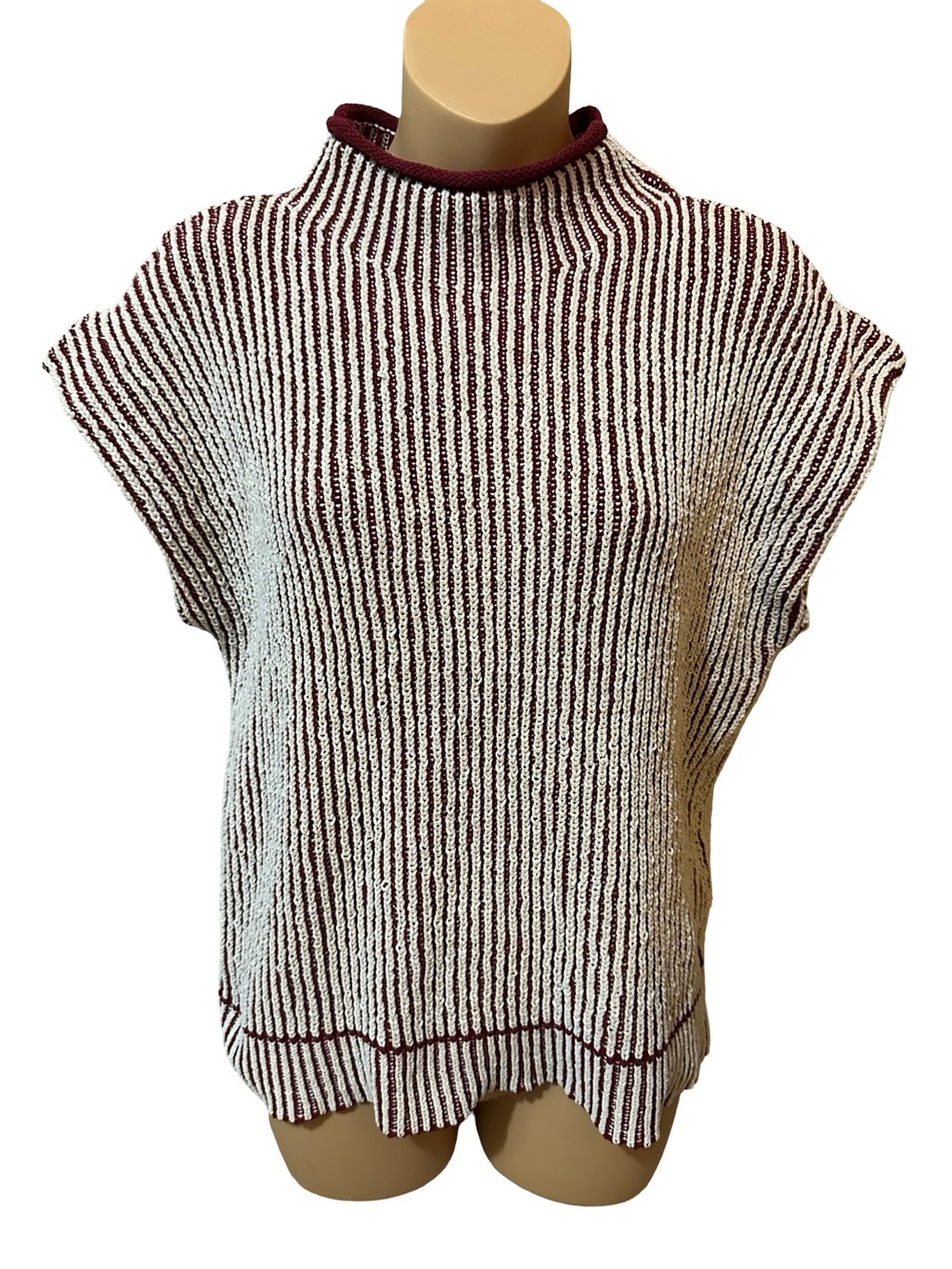 NewIn Striped Mock Neck Cap Sleeve Knit Top Fall Layering Burgundy Sweater L - Picture 2 of 7